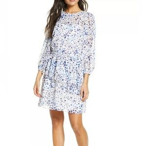 Eliza J Ruffle Chiffon White and Blue Dress Size 8